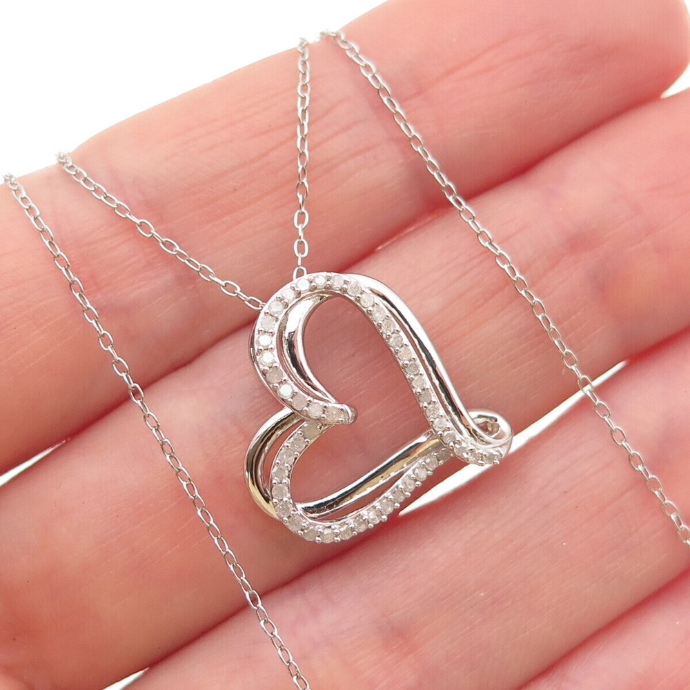 925 Sterling Silver Real Round-Cut Diamond Heart Cable Chain Necklace 18"